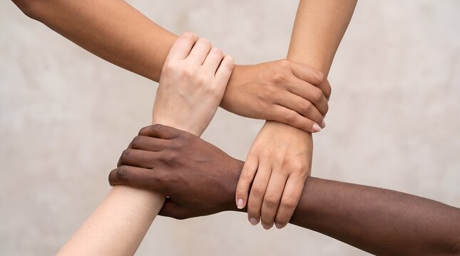 Multiracial hands holding wrists together forming a strong square to symbolize diversity, teamwork, unity, and inclusive corporate culture