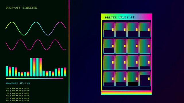 a parcel locker interface displays live shipment statistics and automated delivery status updates through vibrant neon waveform graphs and glowing grid modules on digital screens