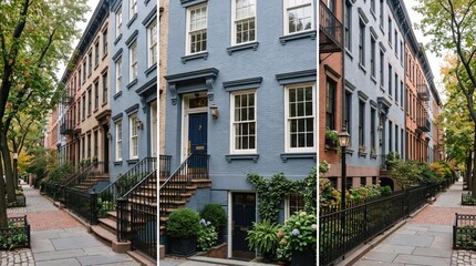 Naklejka premium Blue townhouse entrance and row houses on urban sidewalk