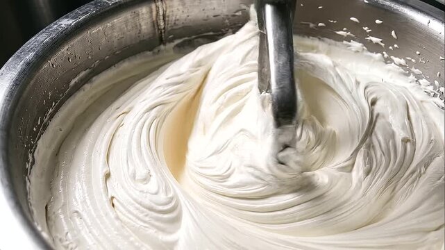 Industrial mixer blending creamy white mixture in a stainless steel container