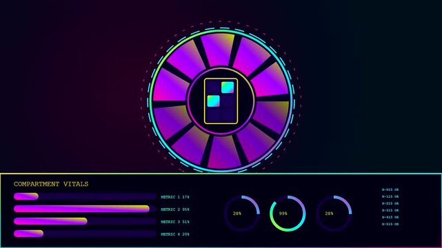 Neon illuminated parcel locker interface displays real time loading status metrics and dynamic circular progress bar visualizations for automated storage systems in a digital workspace environment