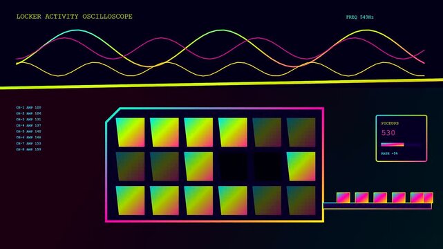 A digital parcel locker dashboard interface displays real time tracking data with glowing neon sine waves representing signal frequency fluctuations across an abstract dark computer screen
