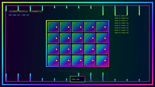 A digital parcel locker terminal interface displays system metrics and network connectivity status with glowing indicators for storage bays in a modern electronic grid simulation