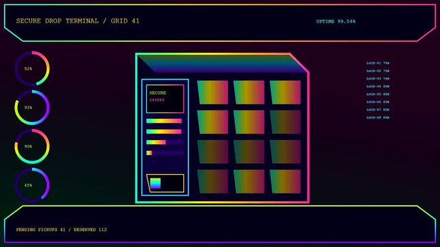 a parcel locker interface displayed on three screens with cycling data panels and evolving statistics showing progress bars for automated storage management in a digital environment