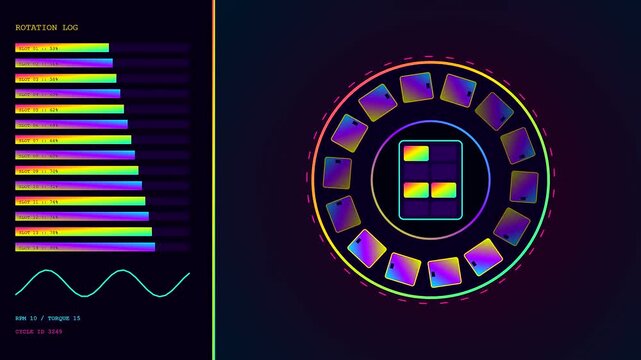 A digital parcel locker status interface displays colorful rotating circular graphs and monitoring data metrics for package delivery systems in this smooth animated loop presentation