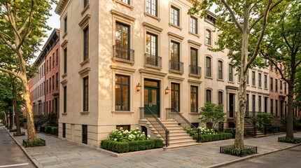 Naklejka premium Limestone corner townhouse with green door and tree lined sidewalks