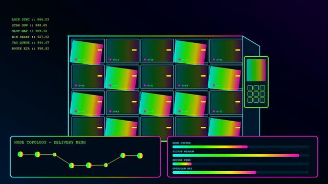 A digital parcel locker dashboard interface displays sequential door operations and status tracking cycles while vibrant data visualization charts animate in this stylized dark software system