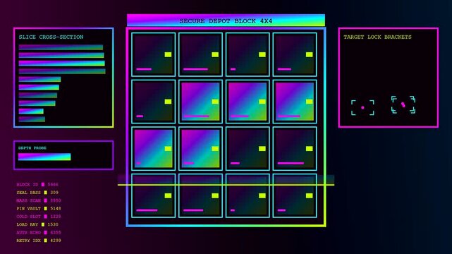 A digital parcel locker grid display presents real time data updates within a virtual interface featuring glowing neon hues and geometric frame alignment for tracking