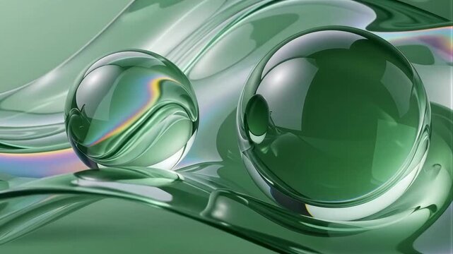 Abstract green glass spheres with flowing iridescent liquid waves video