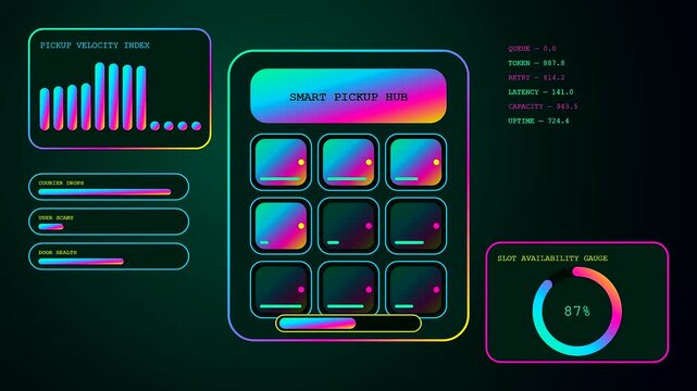 A parcel locker interface displaying digital metrics and loading bar animations with vibrant glowing neon gradients set against a dark screen for modern logistics tracking operations