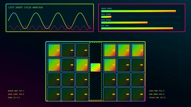 A digital parcel locker monitor interface displaying fluctuating line graphs and rhythmic data cycles alongside a grid system showing active status updates for automated logistics tracking