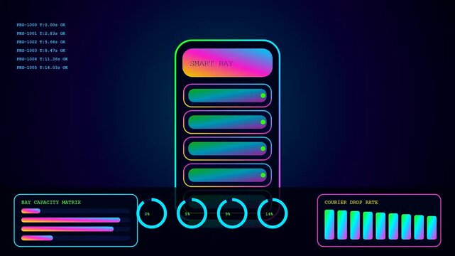 A digital parcel locker dashboard interface displays dynamic loading animations with glowing gradient bars and fluctuating metrics in a dark virtual environment for modern logistics tracking systems