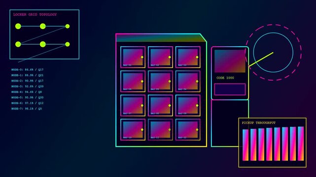 Digital displays showing parcel locker data interfaces with glowing neon gradients changing across three frames of video footage featuring automated delivery systems and tracking system statistics
