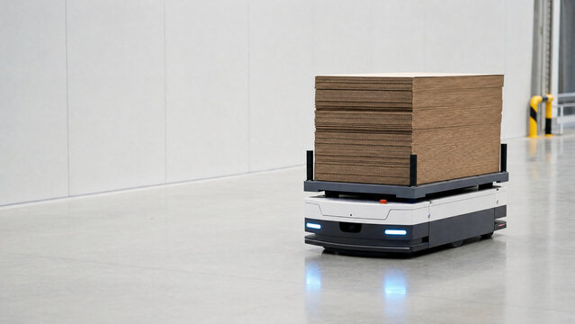 Robot transports stack of cardboard in a modern warehouse during daytime work hours