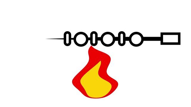 Animated icon of a meat skewer or kebab roasting over a hot flame on a white background. Ideal for BBQ, cooking, and food concepts.