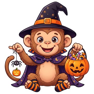 Cute Halloween Monkey Wearing Witch Hat and Cape Holding Pumpkin Candy Bucket Clipart on white background