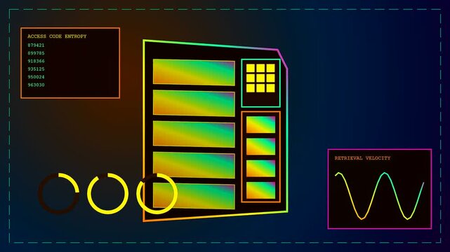 A parcel locker interface graphic showing dynamic data streams and system monitoring charts with glowing neon lines across three separate simulated screens in a dark setting