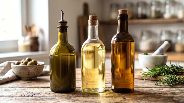 Three glass bottles of different oils or vinegars with cork stoppers and wooden tags wrapped in twine, standing on a rustic wooden table with a bowl of olives and a sprig of rosemary