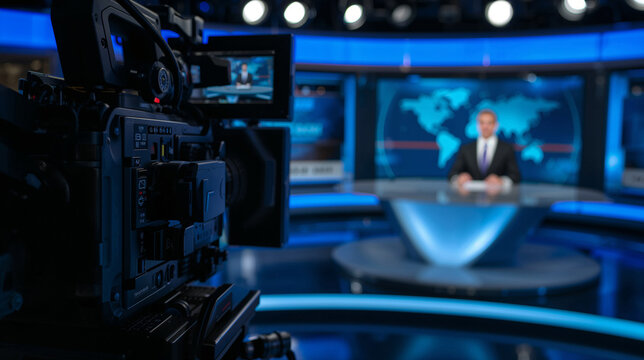 Professional Television News Studio with Video Camera and News Anchor Background