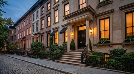 Fototapeta premium Classic brownstone and limestone townhouses with lit doorway