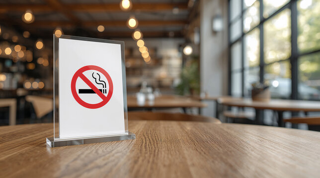 No Smoking Sign in Acrylic Holder on a Wooden Table in a Modern Restaurant Interior