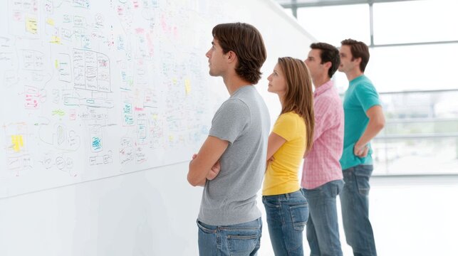 Diverse team brainstorming and analyzing strategy on whiteboard