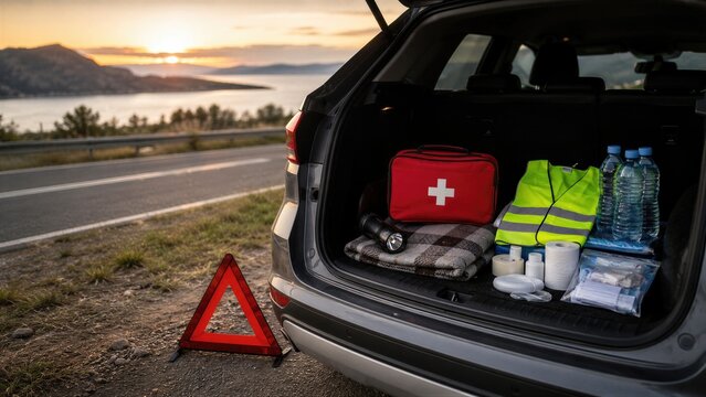 Open car trunk beside a roadside emergency triangle with first aid kit and safety supplies. Vehicle preparedness concept for World First Aid Day, travel, breakdown response and roadside safety.