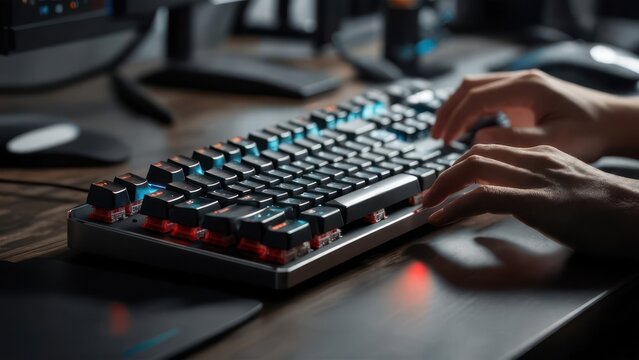 Hands typing on a backlit keyboard