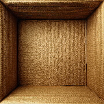 The inside of an empty cardboard box has brown walls