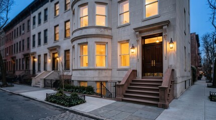 Fototapeta premium Twilight stone townhouse entrance with lit windows
