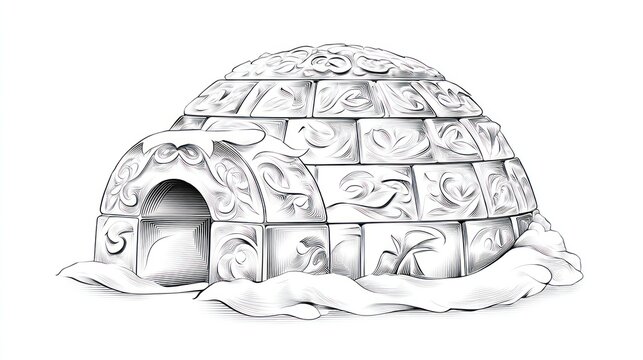 Detailed pencil sketch of an igloo winter shelter on white background