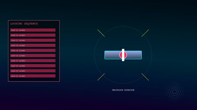 Digital interface showing container lashing operations with rotating mechanical locking components and progress status text panels presented in a dark aesthetic motion graphic screen setup