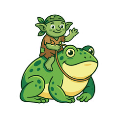 Naklejka premium Cute cartoon goblin riding a giant bullfrog character vector illustration.