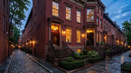 Fototapeta premium Corner red brick townhouses with lit entryways and wet cobblestone lane