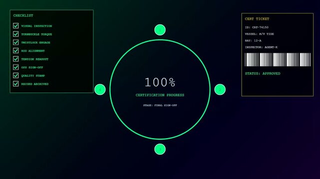 A sequence showing container lashing checklist verification on a digital screen interface displaying circular loading indicators for maritime cargo shipping operations with glowing progress icons