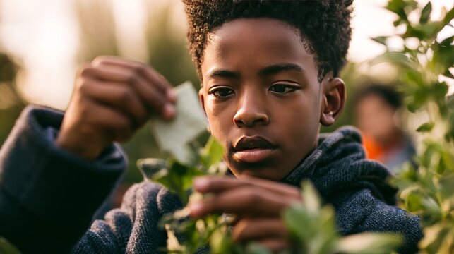 Boy tending plants at home