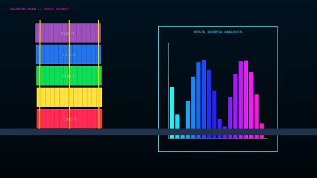 Digital displays showing container lashing and stack inertia analysis with multicolored block towers arranged in vertical sequences across a dark blue gradient digital interface monitor screen