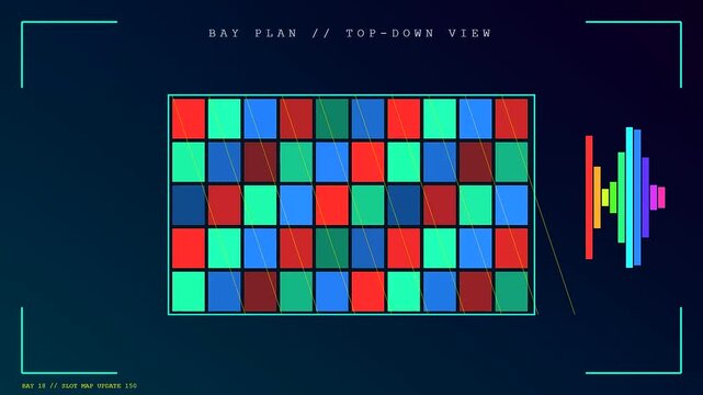 Container lashing processes are displayed through a futuristic digital interface showing cargo ship grid loading patterns with moving data visualization charts for global logistics monitoring systems