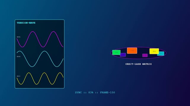 Digital displays showcasing container lashing matrix patterns with oscillating neon sine wave frequency monitors rendered in a sequence of frames for advanced industrial systems monitoring data flow