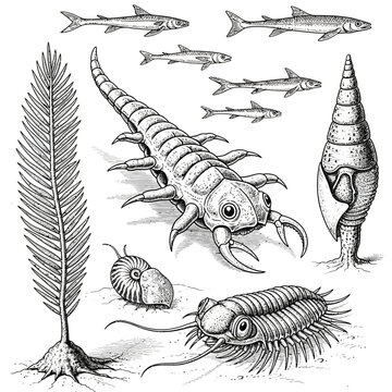 Vintage illustration of prehistoric marine life and ancient sea creatures including trilobites and eurypterids