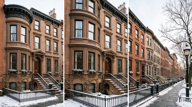 Three panel brownstone townhouse street with snow and black iron fences