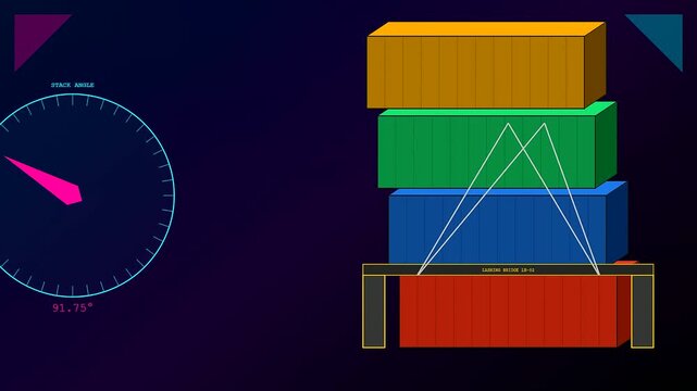 Monitoring container lashing angles with a digital interface that displays shifting degrees of orange green and blue cargo crates stacked upon a metal shipping platform