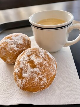 Powdered Sugar Donuts with Coffee