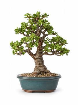 Geldbaum Bonsai (Crassula ovata) mit fleischigen gr&uuml;nen Bl&auml;ttern und kompakter Wuchsform, freigestellt in Keramikschale &ndash; beliebt als Symbol f&uuml;r Gl&uuml;ck, Wohnen und Zimmerpflanzen.
