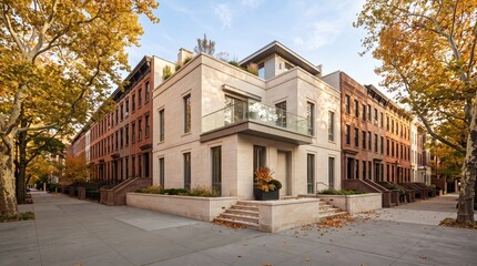 Naklejka premium Contemporary stone townhouse on corner beside brick row houses in autumn