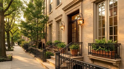 Fototapeta premium Stone townhouse entrance with iron railings and sidewalk trees