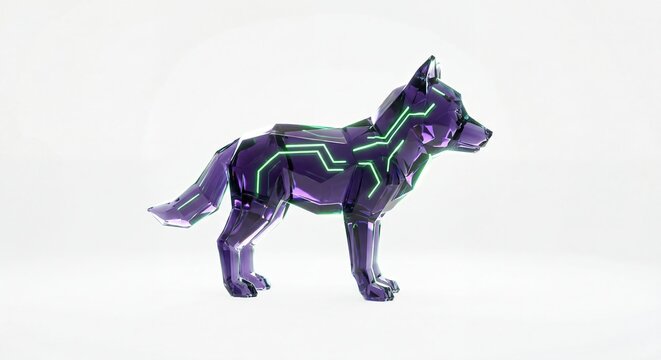 Crystal wolf figurine with glowing neon lines. Abstract geometric animal sculpture made of purple glass. Future technology concept and digital cyber nature art on white background.