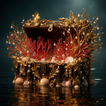 cofre del tesoro, cofre antiguo, cofre pirata, tesoro, caja de madera, coral rojo, coral marino, arrecife de coral, conchas marinas, caracoles marinos, perlas, perlas blancas, ramas doradas, ramas, ho