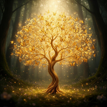 &aacute;rbol, &aacute;rbol dorado, &aacute;rbol de la vida, &aacute;rbol m&aacute;gico, mariposas, mariposas doradas, mariposa, bosque encantado, bosque m&aacute;gico, naturaleza, flores, flores blancas, ramas, luz dorada, luz m&aacute;gica, rayos d