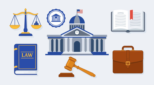 Law symbols set featuring a classical courthouse with a rippling American flag, golden weighing scales, an open law book with a red bookmark ribbon, a wooden gavel, a blue legal code book, and a.
